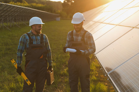 Engineers in hard hats and work overalls are discussing plans while standing among solar panels at a...