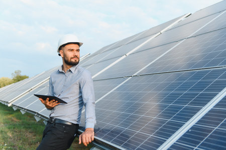Man wearing hard hat with tablet, looking at solar energy installation. Renewable electricity...