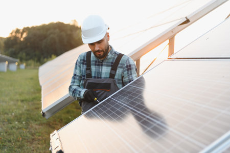 Worker wearing a hard hat and overalls, using a screwdriver on a solar panel at a solar farm,...