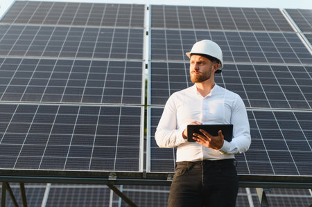 Young man engineer wearing hard hat standing in front of solar modules, checking data on a digital...