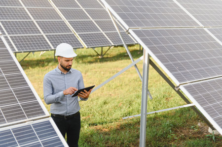 Engineer wearing a hard hat, inspecting solar panels and using a tablet for data collection at a...