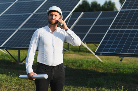 Male engineer wearing a hard hat and holding blueprints, communicating on phone at a solar power...