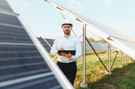 Engineer wearing hard hat inspecting solar panel array, using digital tablet for data analysis and...