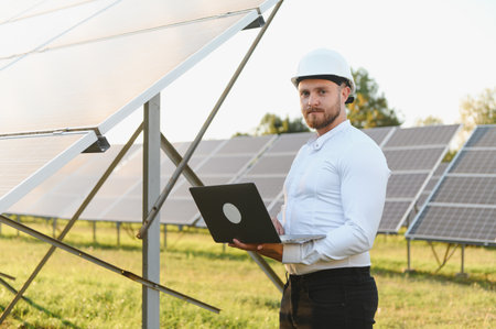 Engineer wearing hard hat standing and working with laptop in a solar panel farm, focusing on renewable energy technologyの写真素材