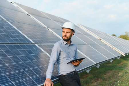Engineer man in hard hat inspecting large solar panel array with tablet, focusing on renewable...