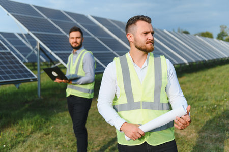 Two male engineers in safety vests inspect solar panels with plans and laptop, symbolizing renewable...