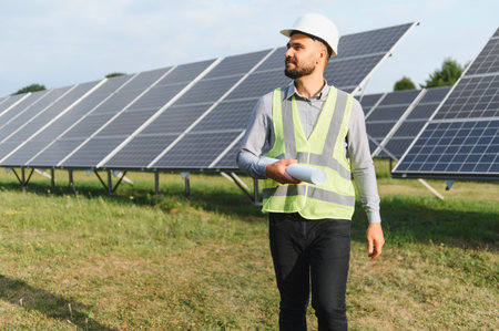 Young male engineer wearing safety vest and hardhat, examining solar panels at a renewable energy...