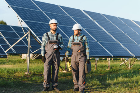 Two workers in hard hats and overalls checking rows of solar power panels, ensuring clean...