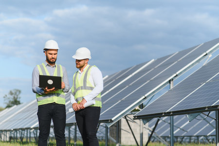 Two engineers in safety gear reviewing data on a laptop while standing near large solar panels at a...