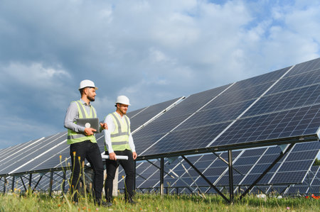 Renewable energy engineers in safety gear inspecting solar panels at a power plant under cloudy sky,...