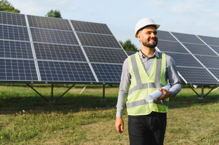 Male engineer wearing safety vest and hard hat, holding blueprint while walking at photovoltaic...