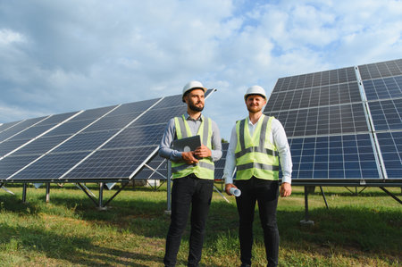Two male engineers in safety vests and helmets standing by solar panels, symbolizing clean energy,...