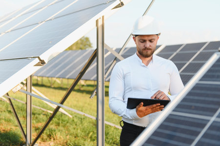 Engineer in hardhat using a digital tablet for inspection at a solar power plant, ensuring green...