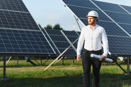 Engineer wearing a hard hat and holding a blueprint, walking through a solar panel field, overseeing...