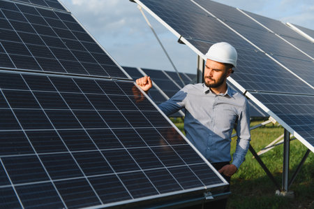 Bearded engineer in hard hat checking solar cell field, ensuring sustainable power generation and...