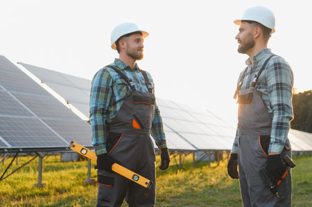 Renewable energy technicians collaborating at a sunny solar panel field, ensuring efficient green...