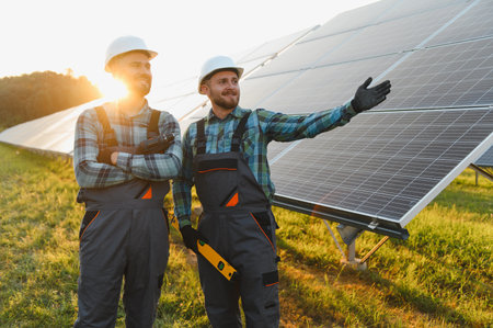 Two male engineers installing and inspecting solar panels at a renewable energy plant during sunset,...
