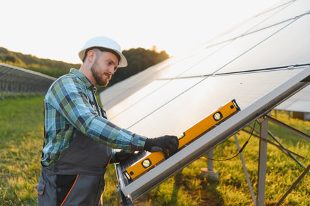 Worker wearing hard hat and uniform adjusting solar panel alignment using spirit level at a solar power plant fieldの写真素材