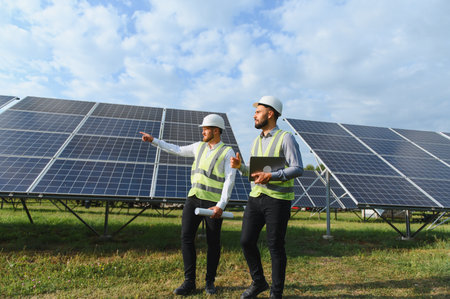 Two engineers in safety gear inspect solar panels, discussing renewable energy strategies and...