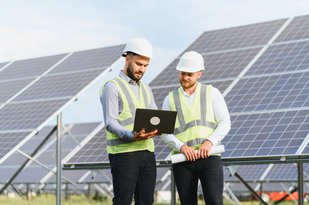 Two engineers in safety gear review plans and data on site at a solar power plant, highlighting...