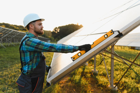 Engineer installing and adjusting solar photovoltaic panels using a spirit level, ensuring optimal...