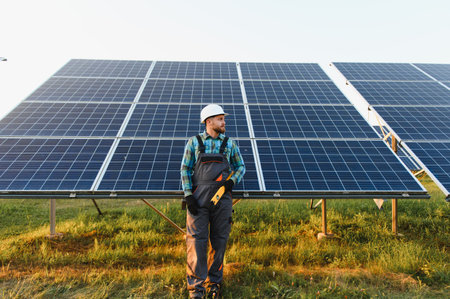 Solar technician inspecting solar panels with a level on site, wearing hard hat and overalls,...