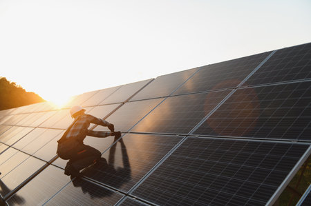 Worker in a hard hat installing solar panels on a large solar farm, generating clean, renewable...