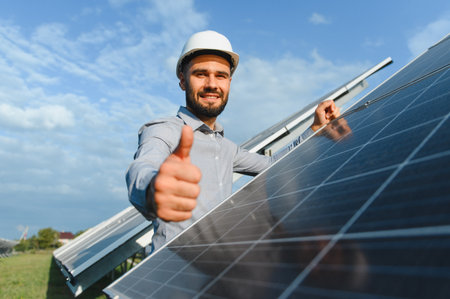 Engineer wearing hard hat giving thumbs up while standing next to solar panels, signifying approved...