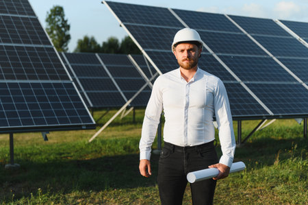 Engineer standing with blueprint in hand, concept of sustainable energy and green development...