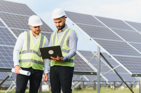 Two male engineers in safety vests and helmets review solar energy project data on a laptop at a...