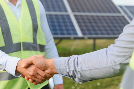 Two professionals in safety vests shaking hands in front of solar panels, symbolizing renewable energy partnership and teamworkの写真素材