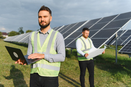 Two male engineers in safety vests working on solar panels, one using a laptop and the other...