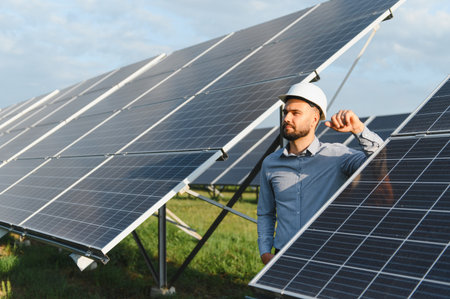 Bearded engineer in hard hat inspecting solar panels at a renewable energy power station, ensuring...