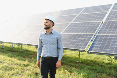 Male engineer wearing a hard hat standing near solar panels, symbolizing renewable energy and...