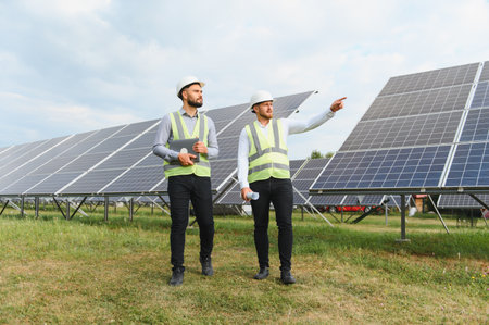 Two engineers in safety vests and helmets examine large solar panels in a field, symbolizing clean...