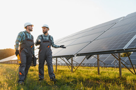 Two engineers with hard hats and tools walking and discussing on a solar farm, generating clean...