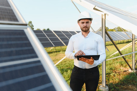 Engineer wearing hard hat holding tablet, standing at a solar power plant, checking system performance and sustainabilityの写真素材