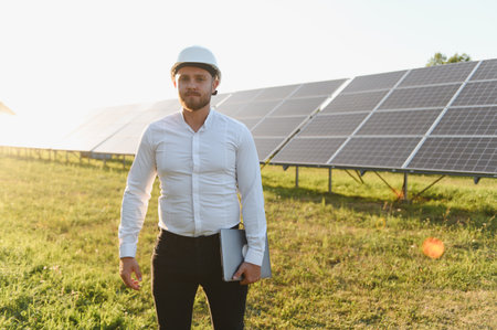 Male engineer in a hard hat holding a laptop, standing in a field with rows of solar panels,...