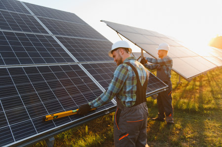 Engineers installing photovoltaic modules on a solar farm, developing green infrastructure and...