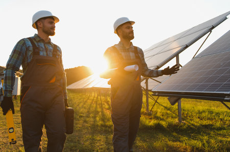 Two workers installing solar power panels at a solar farm, generating clean electricity in a...