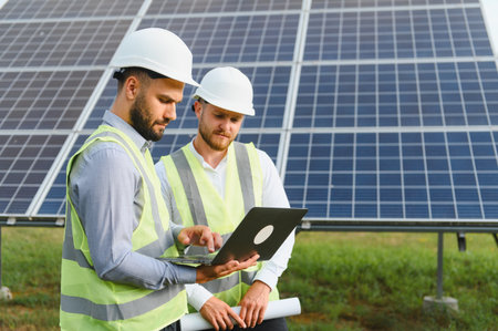 Two engineers in safety helmets and vests review solar energy data on a laptop at a solar farm,...