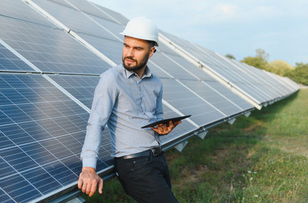 Engineer in hard hat holding a tablet, leaning on solar panels and monitoring sustainable energy...