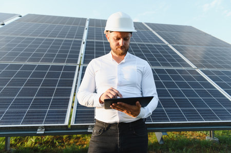 Engineer wearing a hard hat, examining photovoltaic solar panels while entering data on a digital...