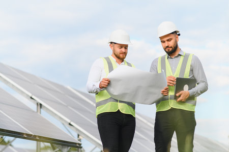 Two male engineers in safety vests and helmets review construction plans while inspecting solar...