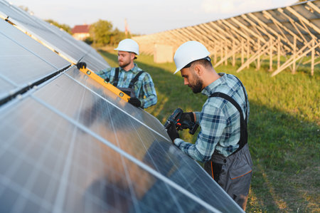 Two workers wearing hard hats and uniforms installing solar panels, ensuring correct alignment and...
