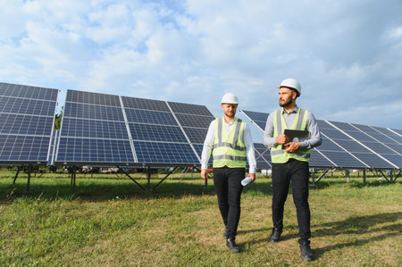 Two engineers in safety helmets and vests inspect solar panels on a sunny day, symbolizing renewable...