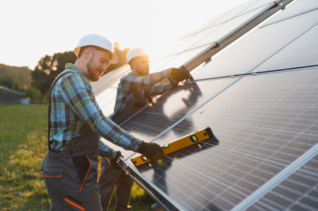 Workers installing solar panels in a field, generating sustainable energy. Renewable ecological...