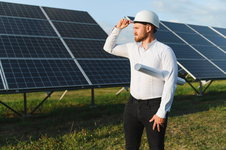 Engineer wearing a hard hat and holding blueprints, standing in front of solar panels at a renewable...