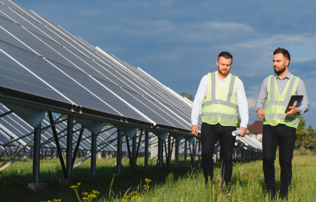 Two male engineers in safety vests reviewing solar panels at a renewable energy site, symbolizing...