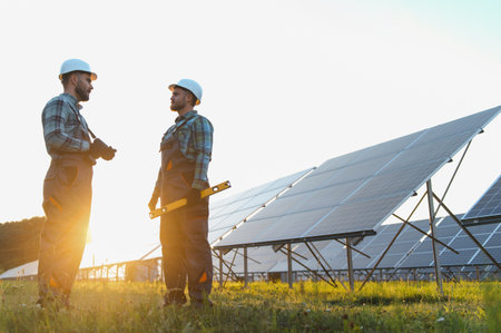Engineers wearing hard hats and overalls discussing work problems at a solar power plant during...